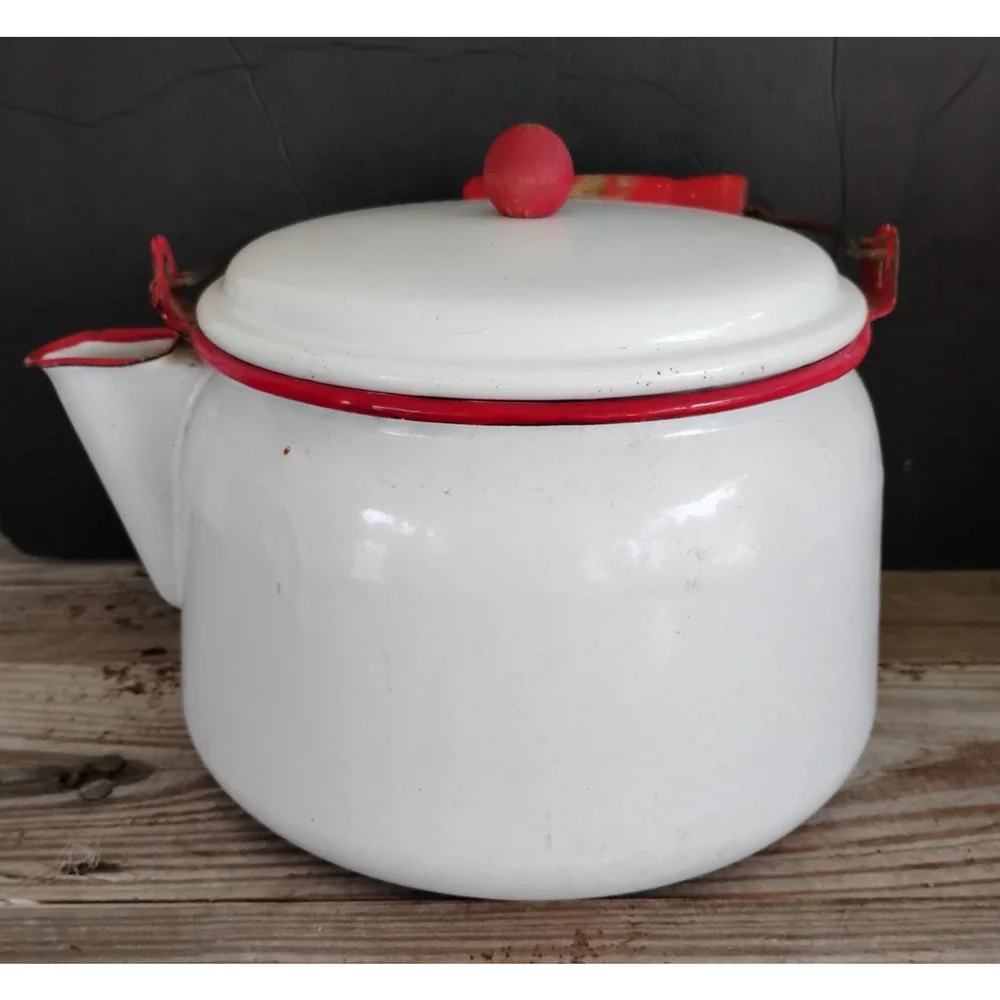 🏕️🚙Enamelware Kettle Coffee Pot White Red Wood Handle Farmhouse Camp Cowboy